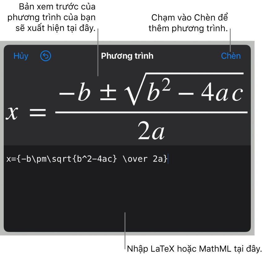 Công thức bậc hai được viết bằng LaTeX trong trường Phương trình và bản xem trước của công thức bên dưới.