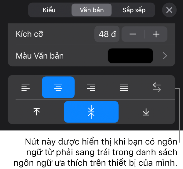 Các điều khiển văn bản trong menu Định dạng với chú thích tới nút Phải sang trái.