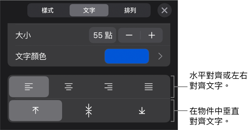 「格式」按鈕的「對齊方式」部份，説明文字指向文字對齊方式按鈕。