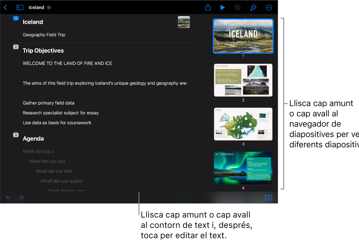 Visualització en esquema amb el contorn de text a la part esquerra de la pantalla i el navegador de diapositives vertical a la part dreta.