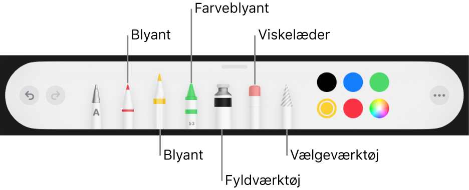 Værktøjslinjen til tegning med kuglepen, blyant, farveblyant, fyldværktøj, viskelæder, vælgeværktøj og felt, der viser den aktuelle farve.