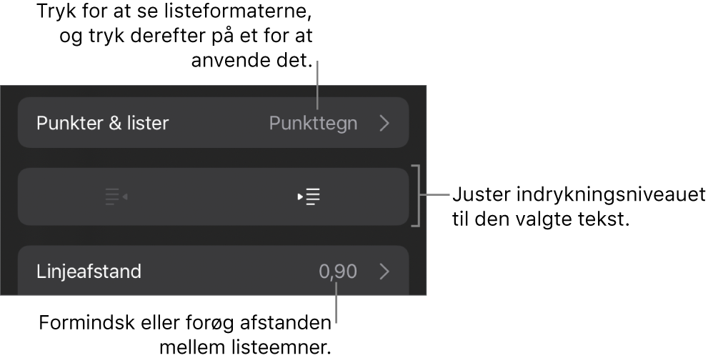 Området Punkter & lister under betjeningsmulighederne til format med billedforklaringer til Punkter & lister, knapperne Ryk ind og Ryk ud og betjeningsmulighederne til linjeafstand.