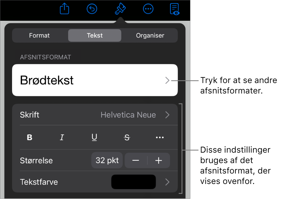 Menuen Format, der viser betjeningsmuligheder til tekst til indstilling af afsnits- og tegnformater, skrift, størrelse og farve.