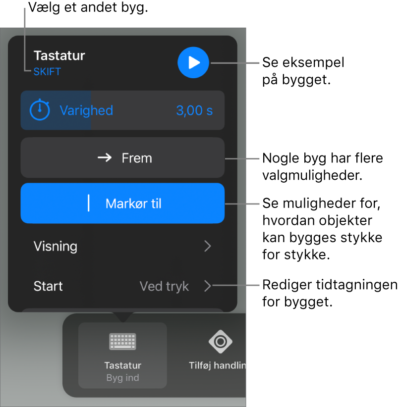 Mulighederne til Byg omfatter Varighed, Visning og Starttid. Tryk på Skift for at vælge et andet byg, eller tryk på Eksempel for at se et eksempel på bygget.