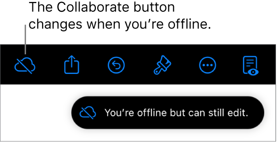 The buttons at the top of the screen, with the Collaborate button changed to a cloud with a diagonal line through it. An alert on the screen says “You’re offline but can still edit.”
