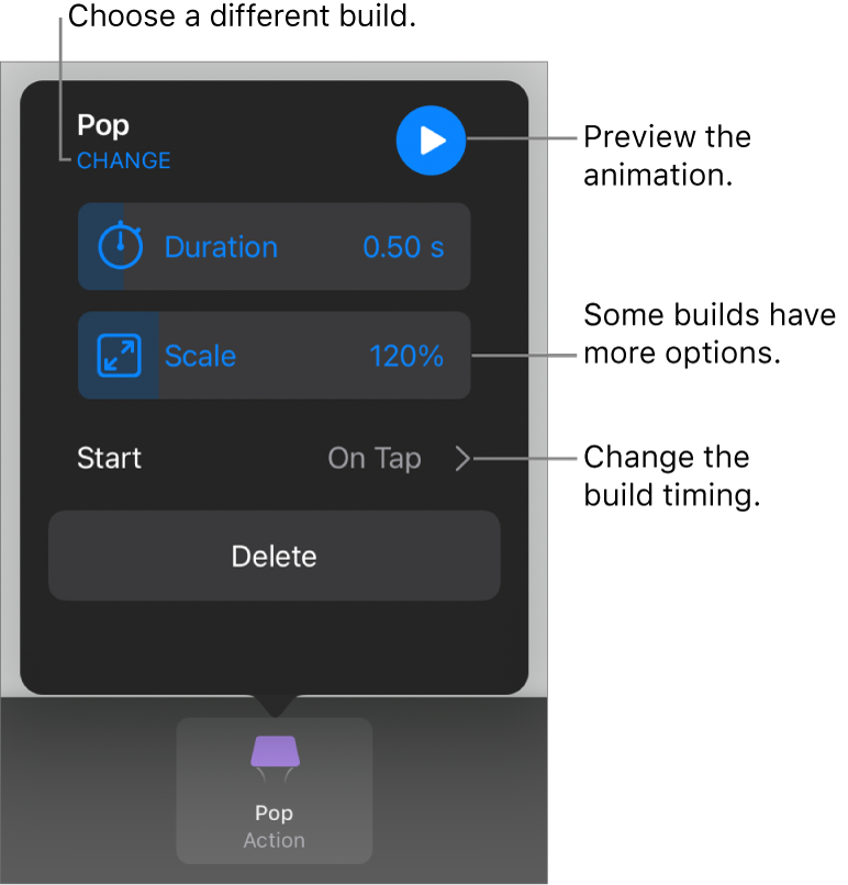 Build options include Duration and Start timing. Tap Change to choose a different build, or tap Preview to preview the build.