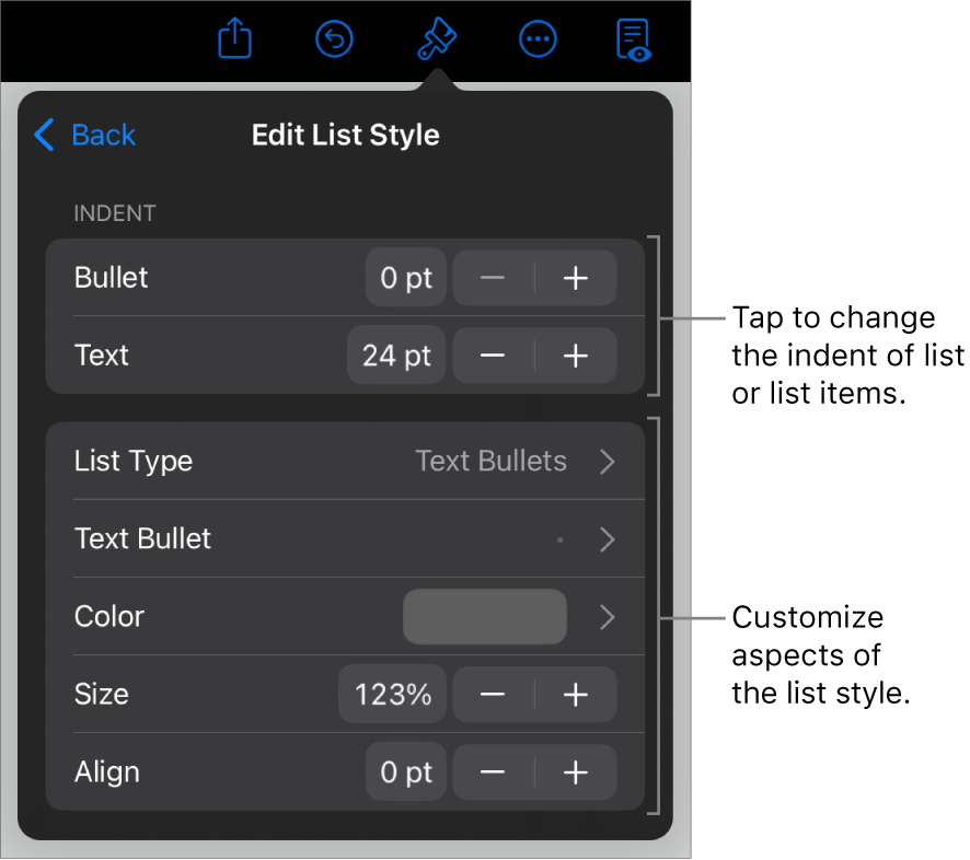 Edit List Style menu with controls for editing the list’s type and appearance.