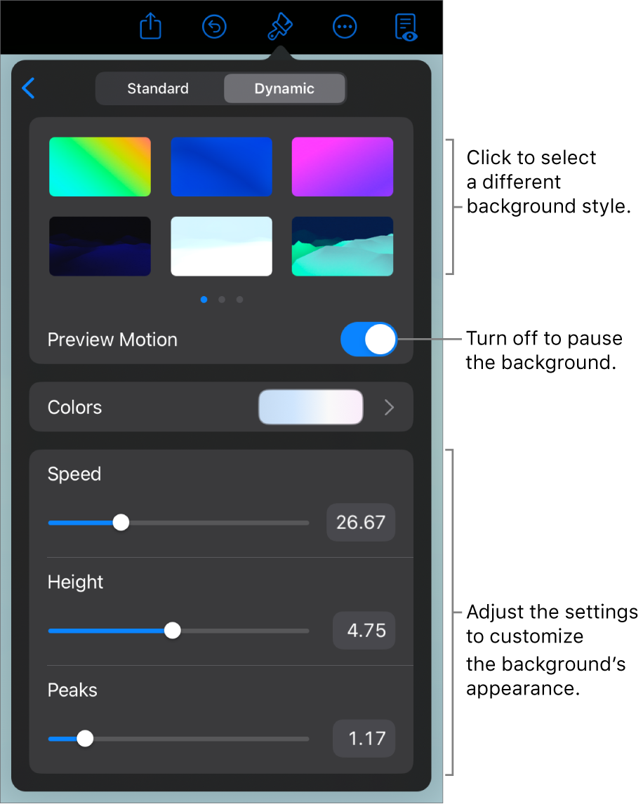 The dynamic background controls with the background style thumbnails, Preview Motion button, and customization controls displayed.
