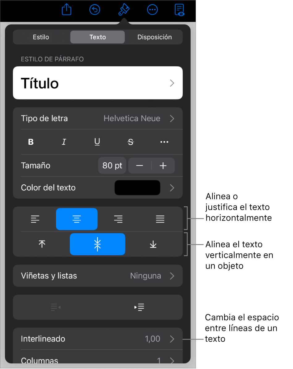 El panel Alineación con llamadas a los botones de alineación de texto y espaciado.