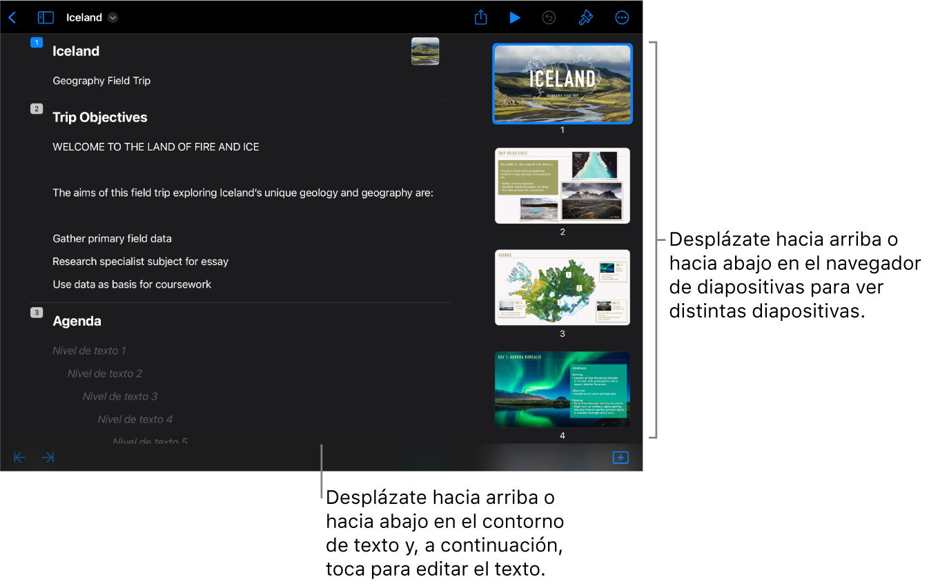 La vista de esquema con el esquema de texto en la parte izquierda de la pantalla y el navegador de diapositivas vertical en el lado derecho.