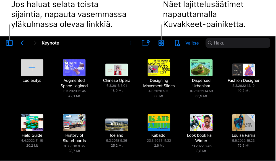 Esitysten hallinnan selausnäkymä, jossa näkyy sijaintilinkki vasemmassa yläkulmassa ja hakukenttä oikeassa yläkulmassa. Näytön yläosassa on Lisää-painike, Uusi kansio -painike, nimen, päivämäärän, koon, tyypin ja tunnisteen perusteella suodattamiseen käytettävä Kuvakkeet-painike, Kaukosäädin-painike ja Valitse-painike. Näiden alapuolella ovat olemassa olevien esitysten miniatyyrit.