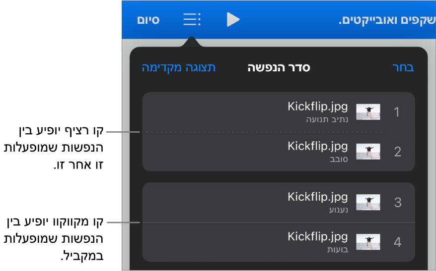 התפריט ״סדר הנפשה״, שבו קו מקווקו מופיע בין הנפשות שמופעלות בו זמנית וקו רציף מופיע בין הנפשות שמופעלות אחת-אחת.