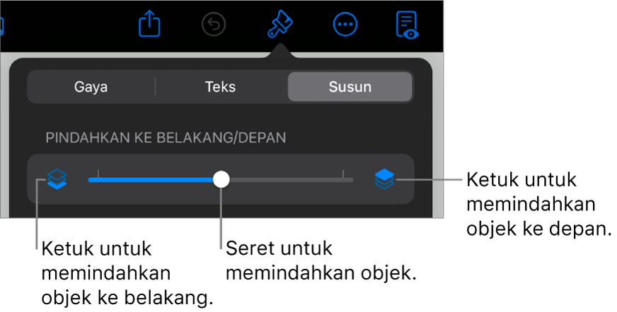 Tombol Pindahkan ke Belakang, tombol Pindahkan ke Depan, dan penggeser lapisan.