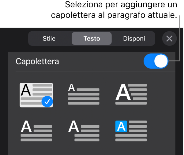 I controlli Capolettera situati nella parte inferiore del menu Testo.