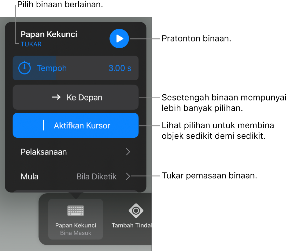 Pilihan binaan menyertakan pemasaan Tempoh, Penghantaran dan Masa. Ketik Tukar untuk memilih binaan yang berbeza, atau ketik Pratonton untuk pratonton binaan.