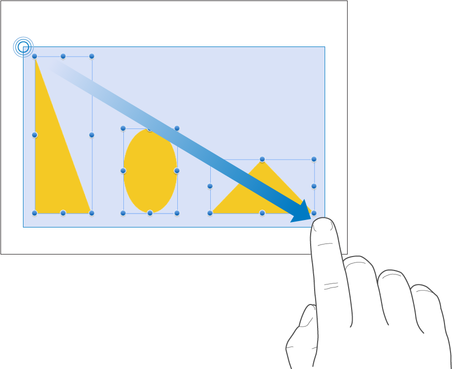 En finger som trykker og holder på et tomt område, og deretter flytter en rute rundt tre objekter for å markere dem.