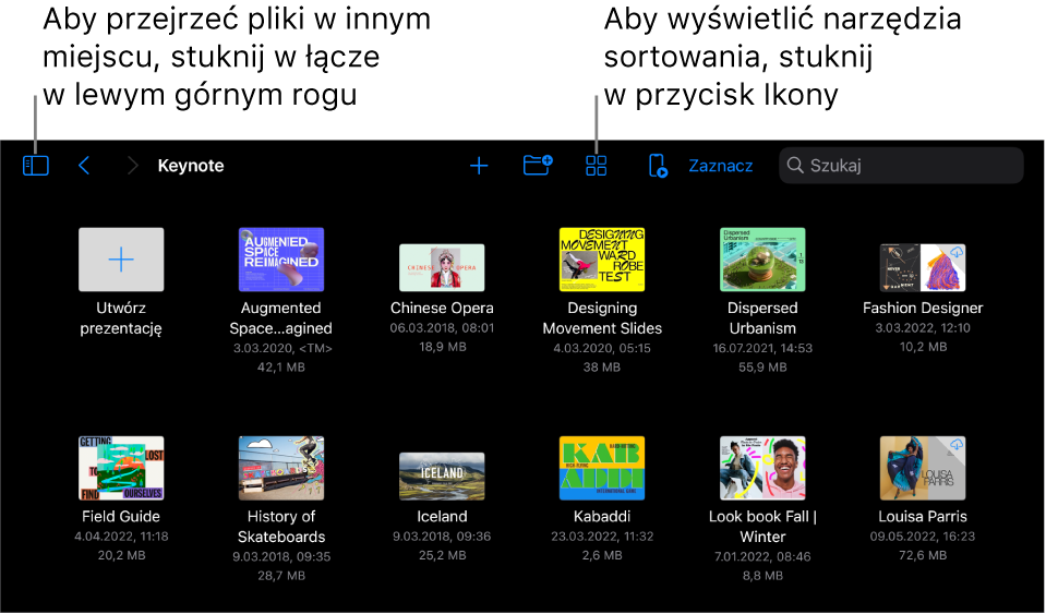 Widok przeglądarki menedżera prezentacji z łączem miejsca w lewym górnym rogu, a w prawym górnym rogu widoczne jest pole wyszukiwania. Na górze ekranu znajduje się przycisk Dodaj, przycisk Nowy folder, przycisk Ikony umożliwiający filtrowanie wg nazwy, daty, wielkości, rodzaju i tagu, przycisk Pilot oraz przycisk Zaznacz. Poniżej widoczne są miniaturki istniejących prezentacji.