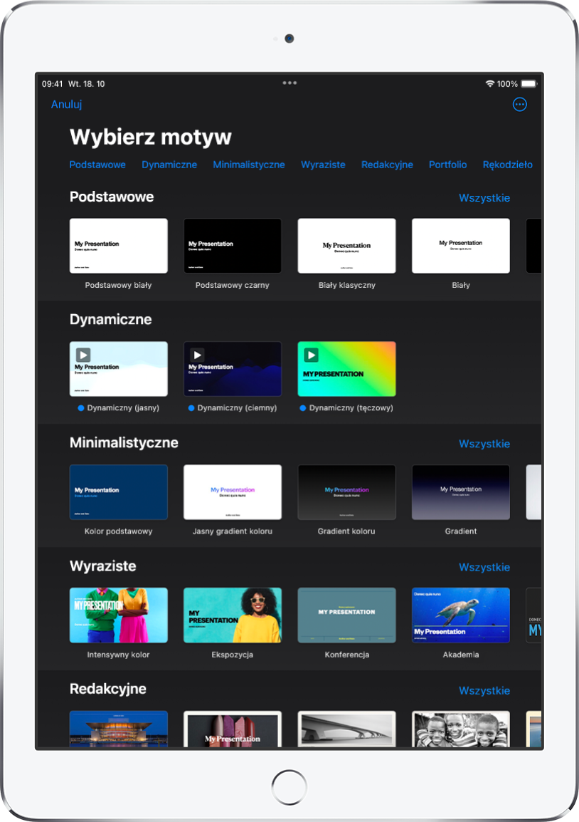 Paleta motywów z widocznym na górze wierszem kategorii, w które możesz stuknąć, aby filtrować dostępne motywy. Poniżej widoczne są miniaturki gotowych motywów uporządkowane wierszami według kategorii.