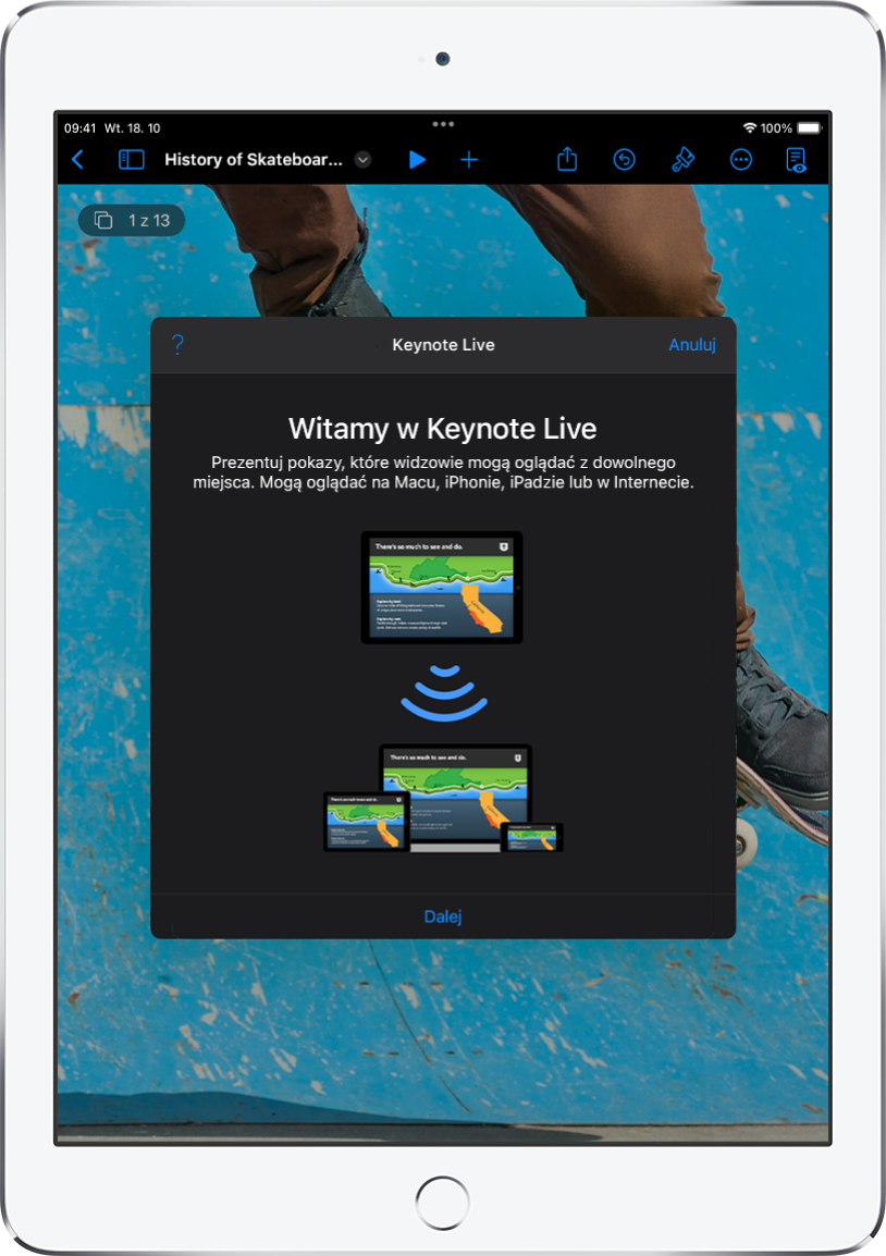 Okno wprowadzające funkcję Keynote Live z przyciskiem Dalej na dole.