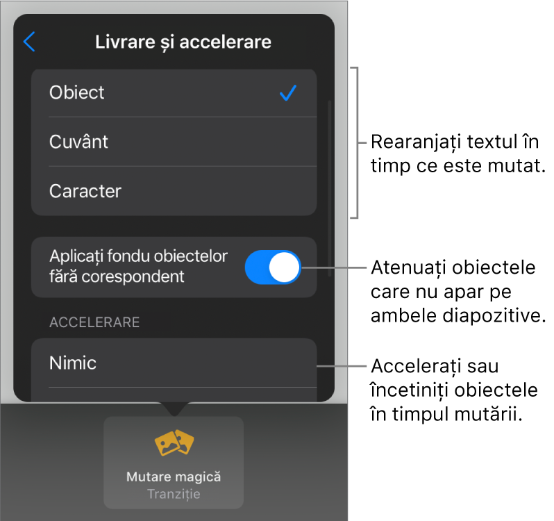 Opțiunile de livrare și accelerare Mutare magică din panoul Accelerare.