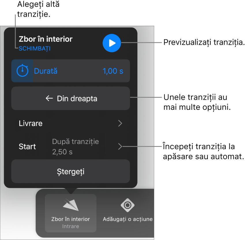 Comenzile din panoul Opțiuni pentru modificarea unei tranziții.