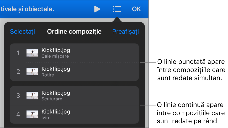 Meniul Ordine compoziție, cu o linie punctată apărând între compozițiile care sunt redate simultan și o linie continuă între compozițiile care sunt redate pe rând.