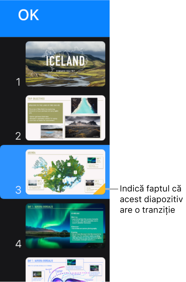Un triunghi galben aflat pe un diapozitiv indică faptul că acesta deține o tranziție.