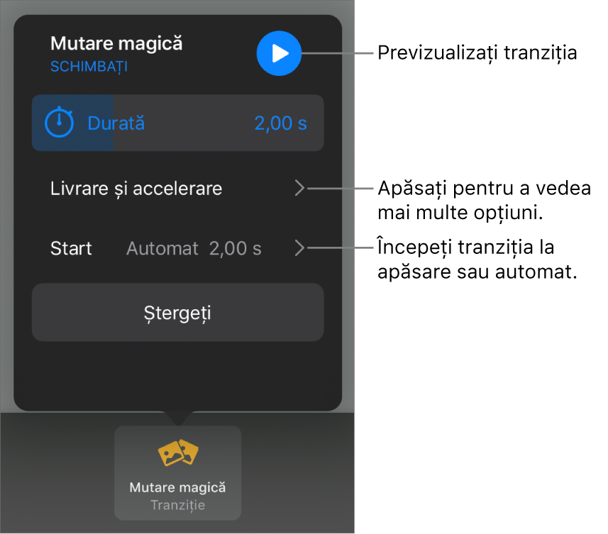 Comenzi Mutare magică în panoul Tranziții.