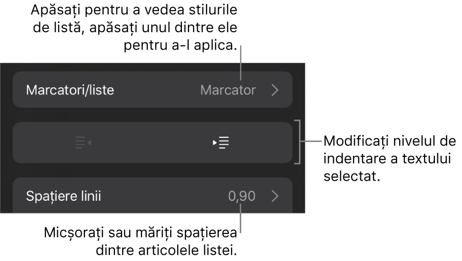 Secțiunea Marcatori/liste din comenzile Format cu explicații pentru Marcatori/liste, butoanele de indentare și indentare exterioară, precum și comenzile pentru spațierea liniilor.