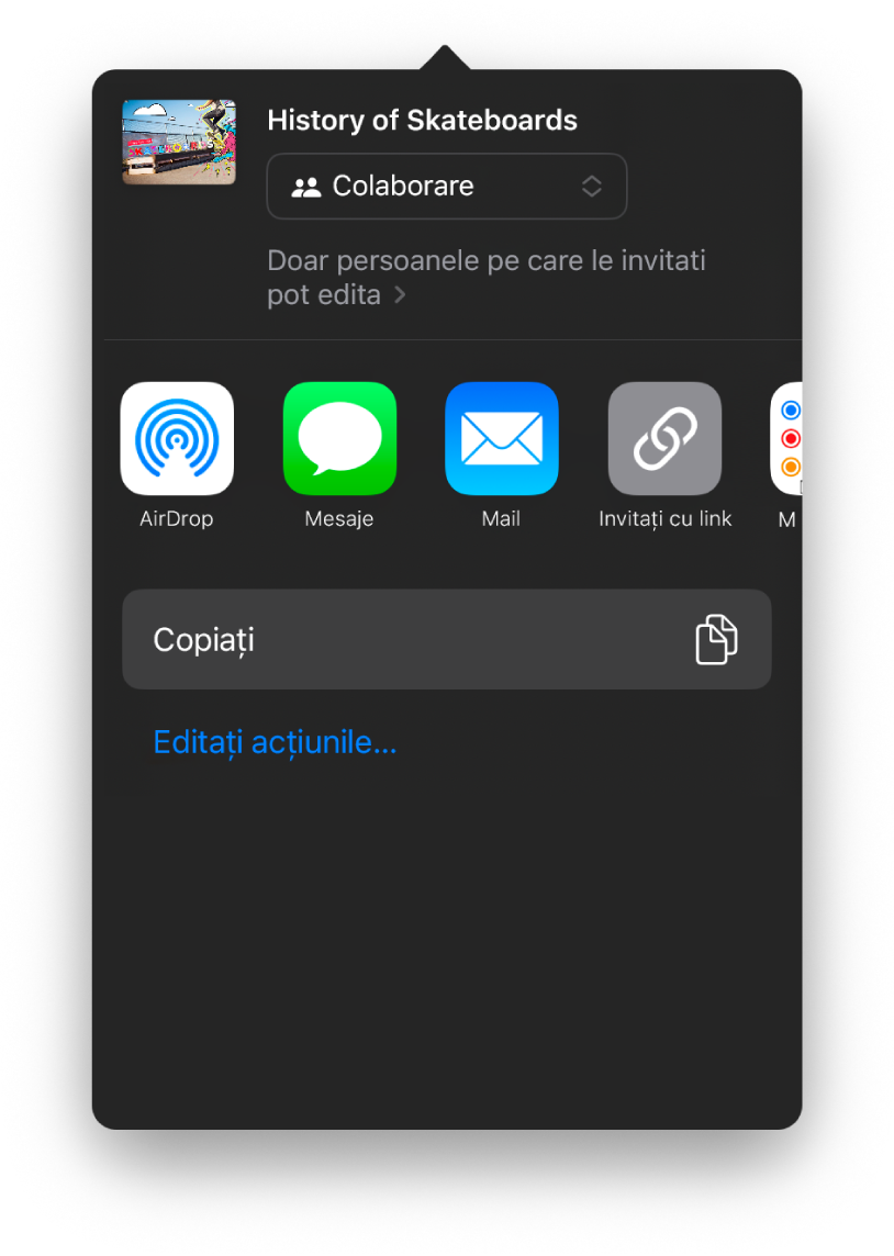 Ecranul de adăugare a persoanelor afișând imaginea prezentării de partajat. Dedesubt se află butoane pentru metodele de trimitere a invitației, inclusiv Mail, Copiați linkul și Altele. În partea de jos se află butonul Opțiuni de partajare.