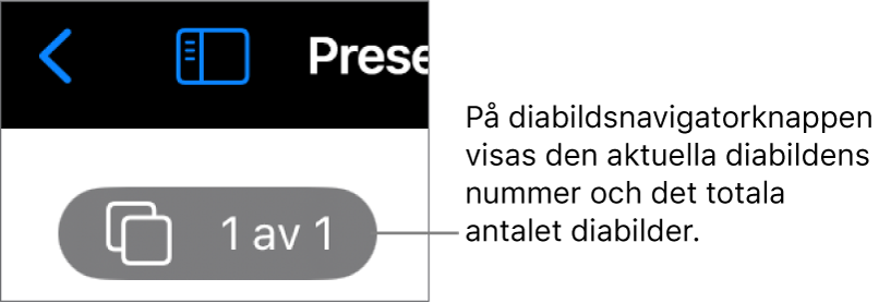Knappen för diabildsnavigatorn visar det aktuella diabildsnumret och det totala antalet diabilder i presentationen.