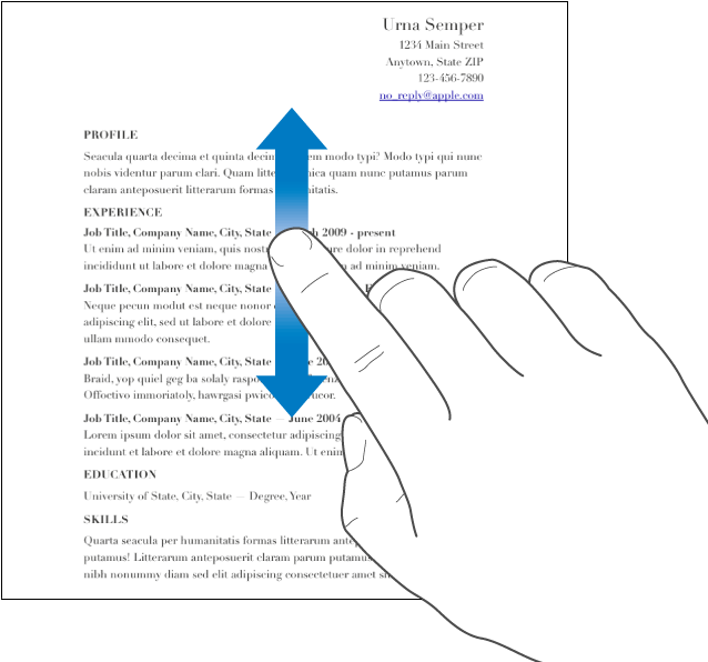 Ett finger som sveper uppåt och nedåt i ett dokument.