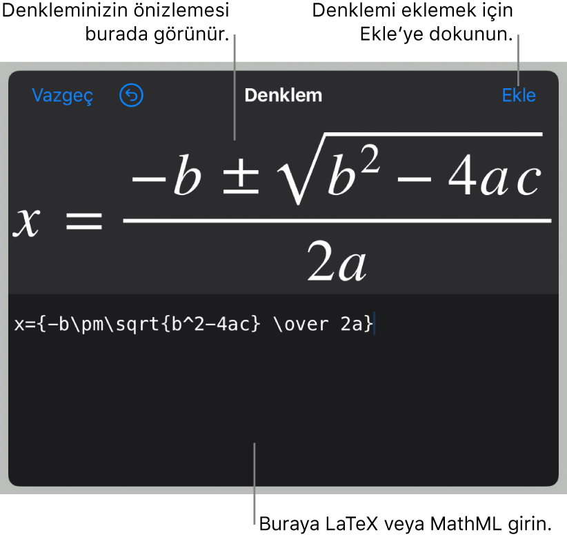 LaTeX komutları kullanılarak yazılmış ikinci dereceden bir formülü ve onun üstünde formülün önizlemesini gösteren Denklem sorgu kutusu.