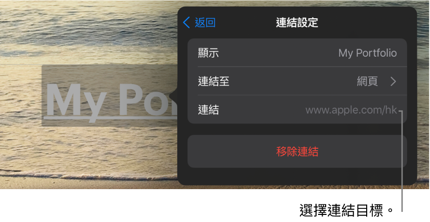「連結設定」控制項目，其中的欄位有「顯示」、「連結至」（設為「網頁」）和「連結」。「移除連結」按鈕位於底部。
