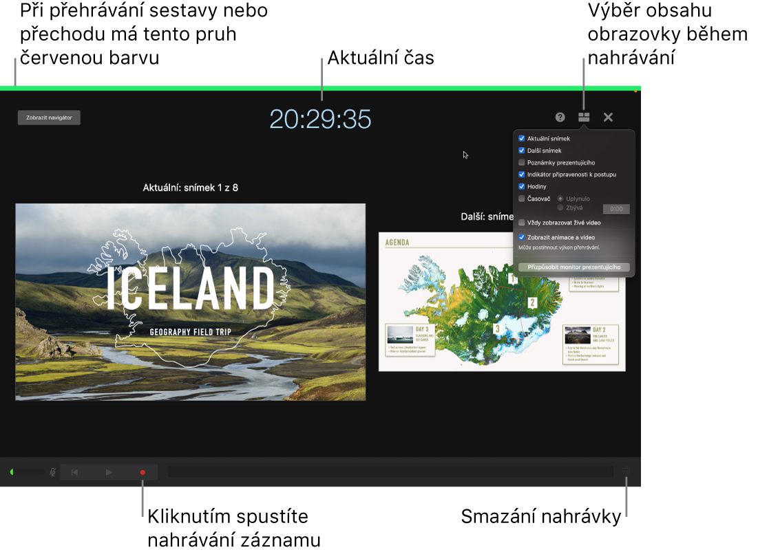 Snímek obrazovky s režimem záznamu hlasu v zobrazení prezentujícího. Jsou zobrazeny aktuální a následující snímek a ovládací prvky zobrazení prezentujícího. U dolního okraje zobrazení jsou vidět ovládací prvky začátku a konce záznamu a smazání záznamu.
