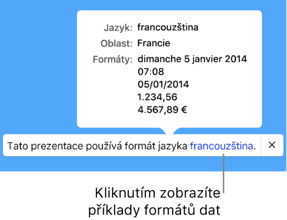 Upozornění na odlišné nastavení jazyka a oblasti s ukázkami formátování pro daný jazyk a oblast