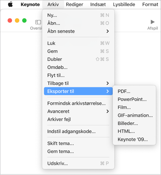 Arkivmenuen åben med Eksporter til valgt og undermenuen med eksportmulighederne PDF, PowerPoint, Film, HTML, Billeder og Keynote ’09.