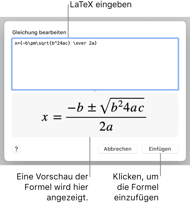 Die quadratische Formel, die mit LaTeX in das Feld „Gleichung“ geschrieben wurde, und einer Vorschau der Formel darunter.