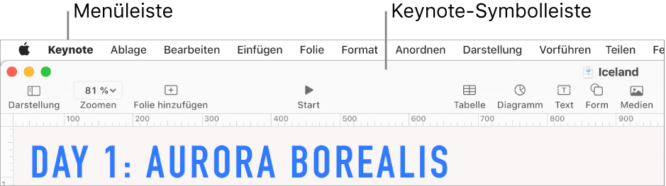 Die Menüleiste oben auf dem Bildschirm mit den Menüs „Apple“, „Keynote“, „Ablage“, „Bearbeiten“, „Einfügen“, „Format“, „Anordnen“, „Darstellung“, „Teilen“, „Fenster“ und „Hilfe“ Unter den Menüleiste befindet sich eine geöffnete Keynote-Präsentation mit den Tasten „Darstellung“, „Zoomen“, „Folie hinzufügen“, „Vorführen“, „Keynote Live“, „Tabelle“, „Diagramm“, „Text“, „Form“, „Medien“ und „Kommentar“ in der Symbolleiste.