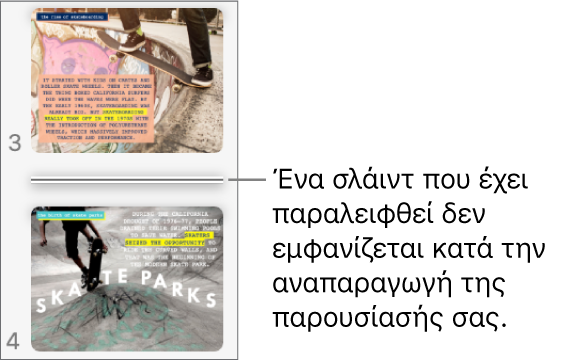 Ο πλοηγός σλάιντ με σλάιντ που παραλείφθηκε και φαίνεται ως οριζόντια γραμμή.