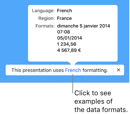 The notification of the different language and region setting, showing examples of the formatting in that language and region.