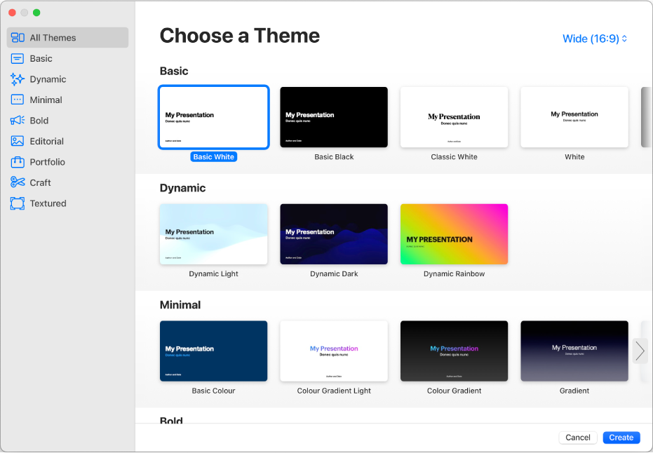 The theme chooser. A sidebar on the left lists theme categories you can click to filter options. On the right are thumbnails of pre-designed themes arranged in rows by category.