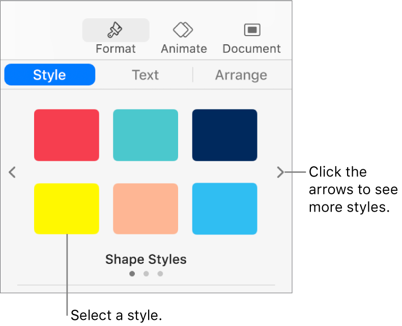 The Style tab of the Format sidebar with six object styles and navigation arrows on their left and right.