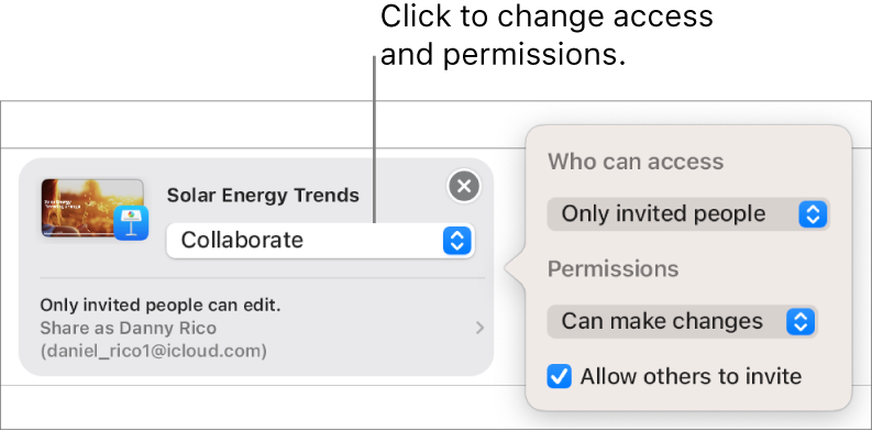 An invitation to collaborate being sent in Messages. The pop-up menu confirms access, permission and invitation privileges.