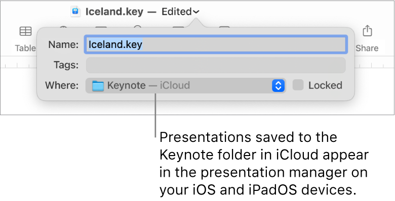 The Save dialogue for a presentation with Keynote — iCloud in the Where pop-up menu.