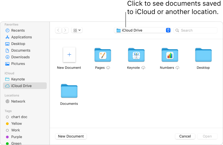 The Open dialog with the sidebar open on the left and iCloud Drive selected in the pop-up menu at the top. Folders for Keynote, Numbers, and Pages appear in the dialog, along with a New Document button.