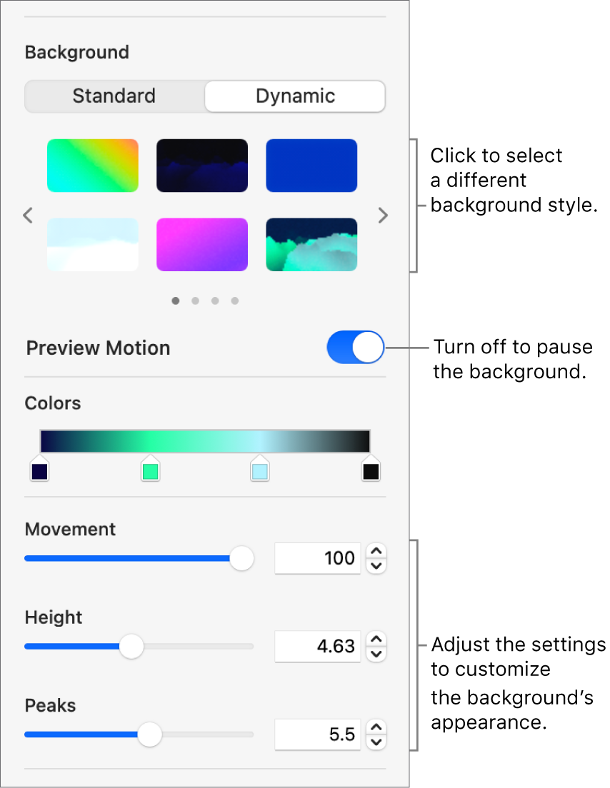 The Dynamic button selected in the Background section of the Format sidebar with the dynamic background styles, Motion Preview control, and appearance controls displayed.