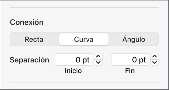 Los controles de Conexión con la opción Curva seleccionada.