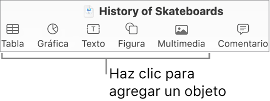 La barra de herramientas de Keynote con los botones Tabla, Gráfica, Texto, Figura y Contenido.