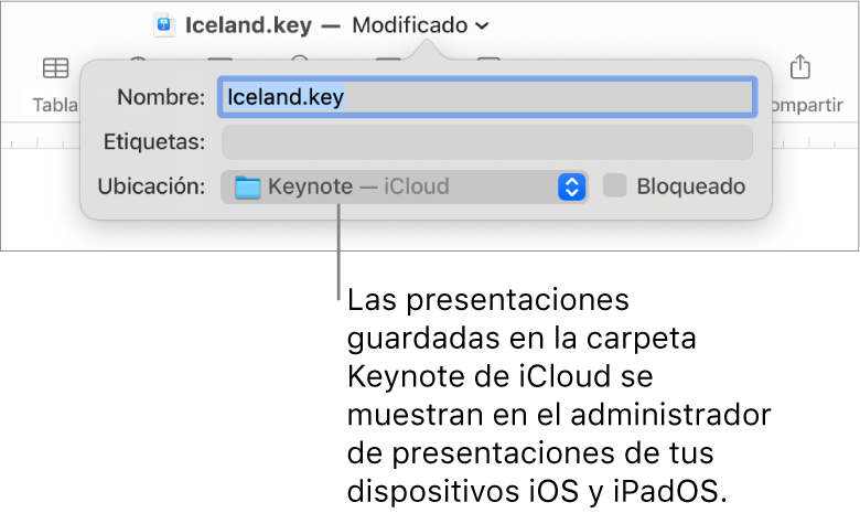 El cuadro de diálogo Guardar de una presentación con Keynote — iCloud se encuentra en el menú desplegable Dónde.